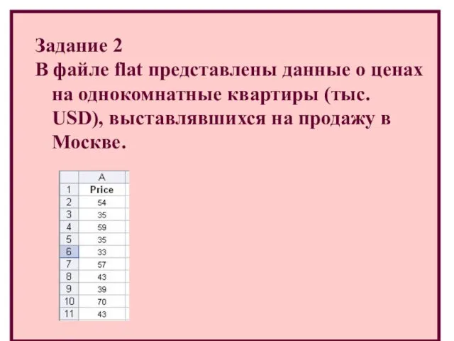 Задание 2 В файле flat представлены данные о ценах на однокомнатные