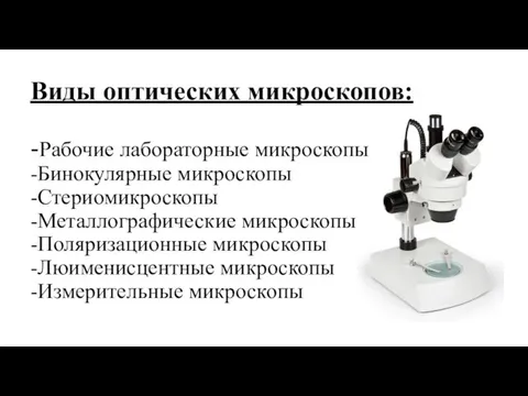 Виды оптических микроскопов: -Рабочие лабораторные микроскопы -Бинокулярные микроскопы -Стериомикроскопы -Металлографические микроскопы