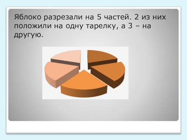 Яблоко разрезали на 5 частей. 2 из них положили на одну