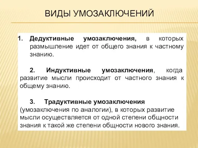 ВИДЫ УМОЗАКЛЮЧЕНИЙ Дедуктивные умозаключения, в которых размышление идет от общего знания