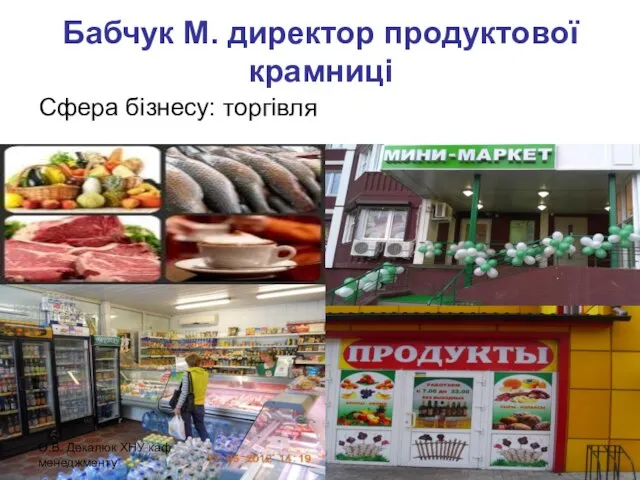 Бабчук М. директор продуктової крамниці Сфера бізнесу: торгівля О.В. Декалюк ХНУ каф менеджменту