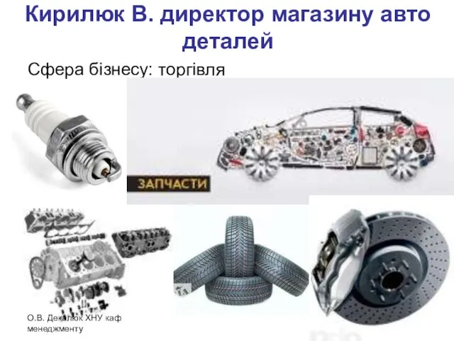 Кирилюк В. директор магазину авто деталей Сфера бізнесу: торгівля О.В. Декалюк ХНУ каф менеджменту