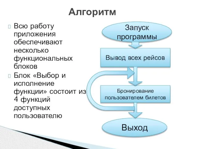 Всю работу приложения обеспечивают несколько функциональных блоков Блок «Выбор и исполнение