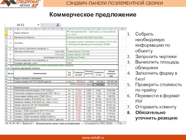 www.metall.ru СЭНДВИЧ-ПАНЕЛИ ПОЭЛЕМЕНТНОЙ СБОРКИ Коммерческое предложение Собрать необходимую информацию по объекту