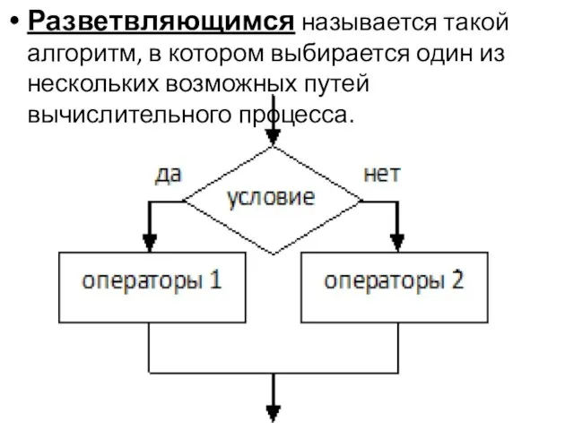 Разветвляющимся называется такой алгоритм, в котором выбирается один из нескольких возможных путей вычислительного процесса.