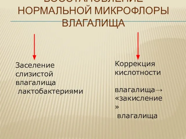 ВОССТАНОВЛЕНИЕ НОРМАЛЬНОЙ МИКРОФЛОРЫ ВЛАГАЛИЩА Заселение слизистой влагалища лактобактериями Коррекция кислотности влагалища→ «закисление» влагалища