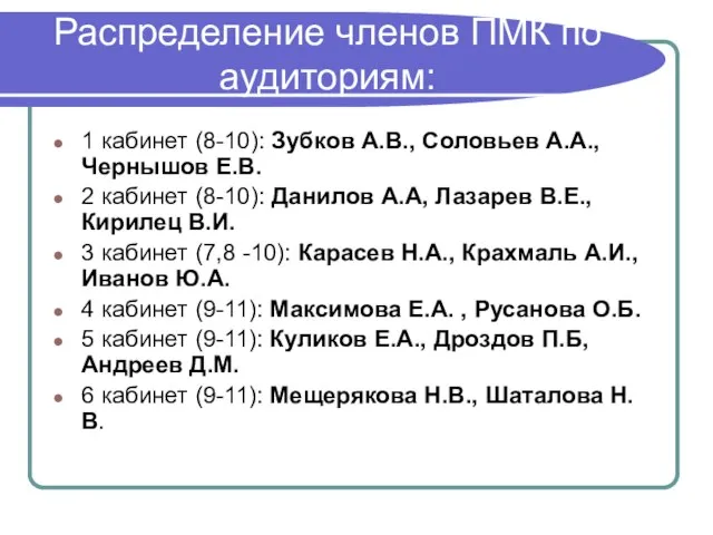 Распределение членов ПМК по аудиториям: 1 кабинет (8-10): Зубков А.В., Соловьев