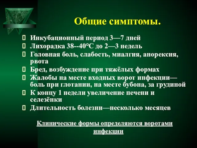 Общие симптомы. Инкубационный период 3—7 дней Лихорадка 38--40°C до 2—3 недель