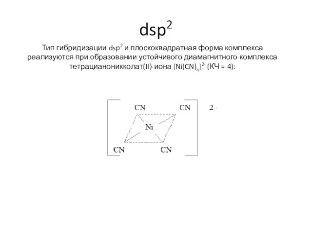 dsp2 Тип гибридизации dsp2 и плоскоквадратная форма комплекса реализуются при образовании