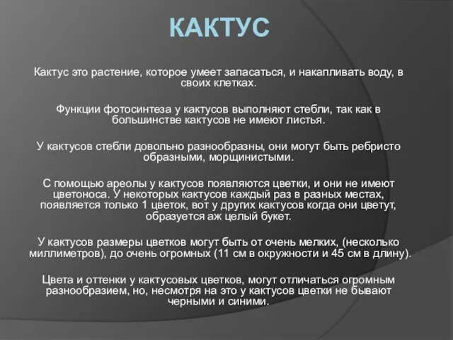 КАКТУС Кактус это растение, которое умеет запасаться, и накапливать воду, в