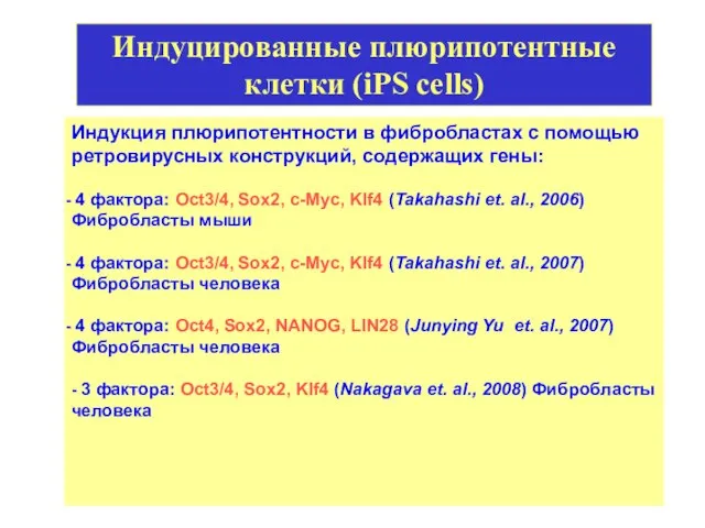 Индукция плюрипотентности в фибробластах с помощью ретровирусных конструкций, содержащих гены: 4