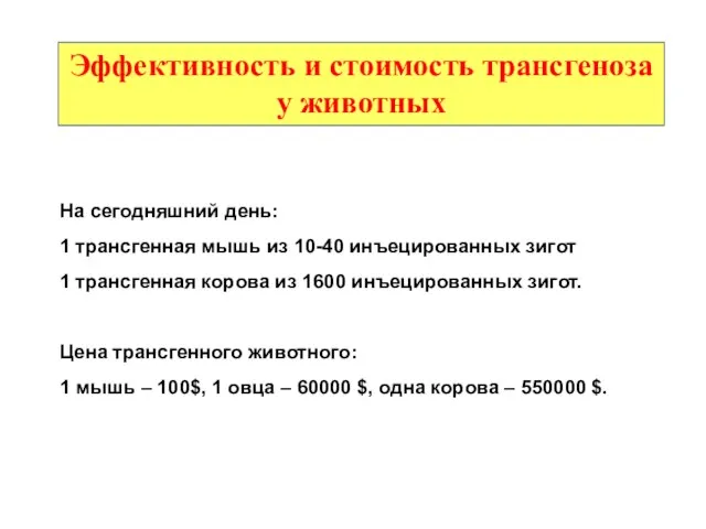 На сегодняшний день: 1 трансгенная мышь из 10-40 инъецированных зигот 1