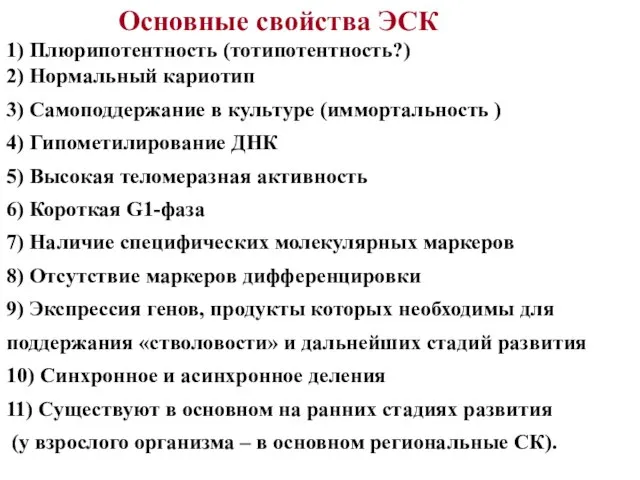 Основные свойства ЭСК 1) Плюрипотентность (тотипотентность?) 2) Нормальный кариотип 3) Самоподдержание