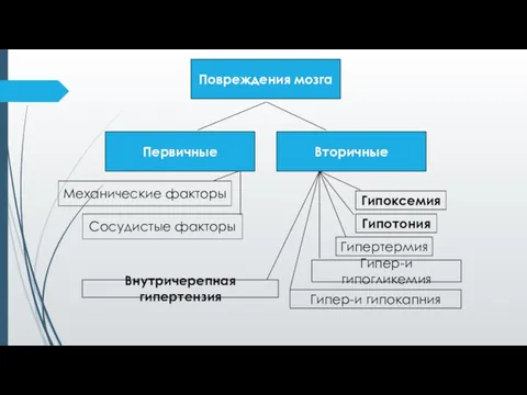 Повреждения мозга Первичные Вторичные Гипоксемия Гипотония Гипер-и гипогликемия Гипертермия Механические факторы