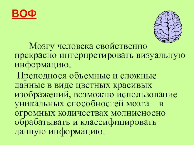 ВОФ Мозгу человека свойственно прекрасно интерпретировать визуальную информацию. Преподнося объемные и