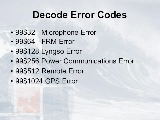Decode Error Codes 99$32 Microphone Error 99$64 FRM Error 99$128 Lyngso
