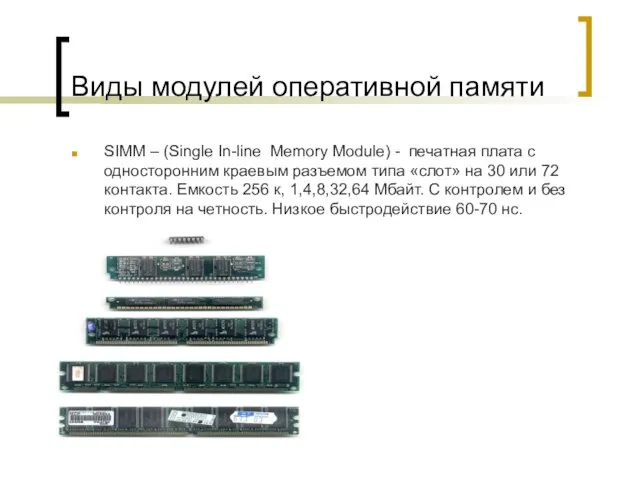 Виды модулей оперативной памяти SIMM – (Single In-line Memory Module) -