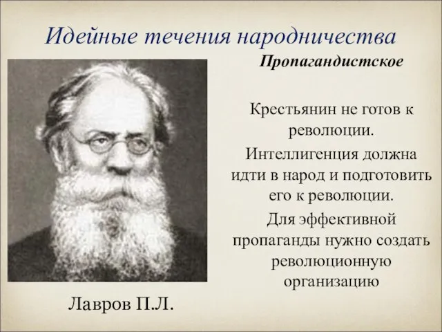 Идейные течения народничества Лавров П.Л. Пропагандистское Крестьянин не готов к революции.