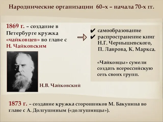 1869 г. – создание в Петербурге кружка «чайковцев» во главе с