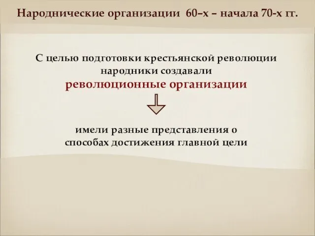 Народнические организации 60–х – начала 70-х гг. С целью подготовки крестьянской