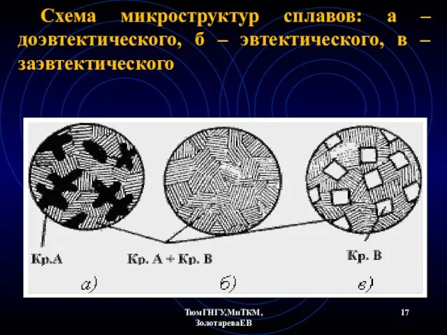 ТюмГНГУ,МиТКМ,ЗолотареваЕВ Схема микроструктур сплавов: а – доэвтектического, б – эвтектического, в – заэвтектического