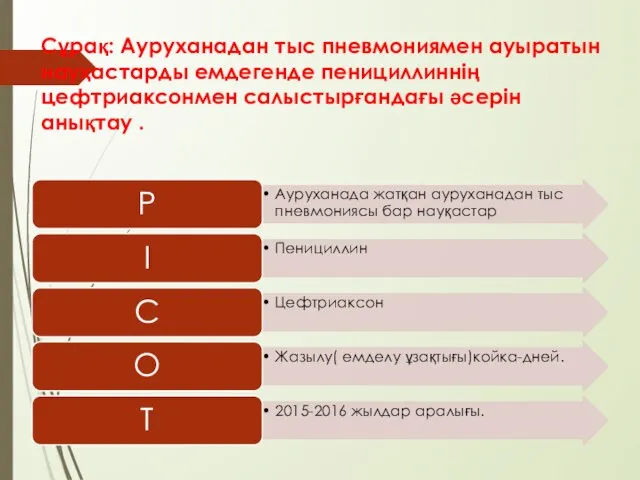 Сұрақ: Ауруханадан тыс пневмониямен ауыратын науқастарды емдегенде пенициллиннің цефтриаксонмен салыстырғандағы әсерін анықтау .