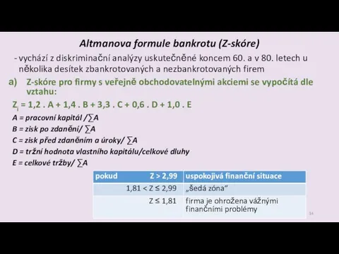 Altmanova formule bankrotu (Z-skóre) vychází z diskriminační analýzy uskutečněné koncem 60.