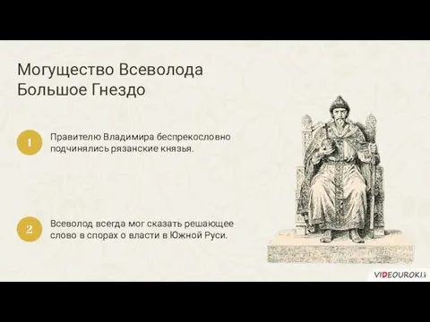 Могущество Всеволода Большое Гнездо Правителю Владимира беспрекословно подчинялись рязанские князья. 1