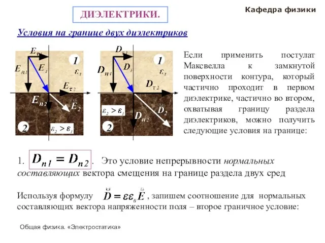 Общая физика. «Электростатика» Кафедра физики ДИЭЛЕКТРИКИ. Условия на границе двух диэлектриков