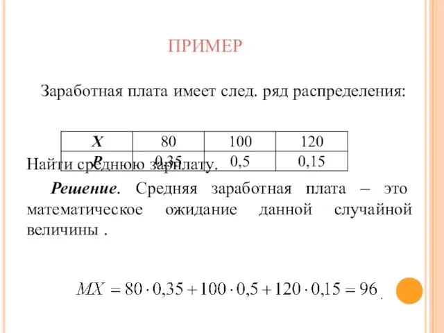 ПРИМЕР Заработная плата имеет след. ряд распределения: Найти среднюю зарплату. Решение.