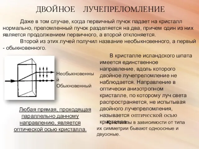 ДВОЙНОЕ ЛУЧЕПРЕЛОМЛЕНИЕ Даже в том случае, когда первичный пучок падает на