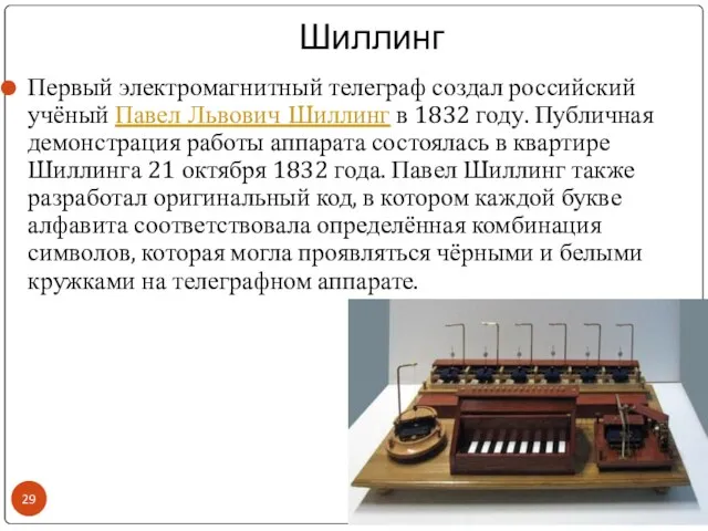 Шиллинг Первый электромагнитный телеграф создал российский учёный Павел Львович Шиллинг в