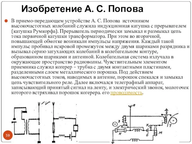 Изобретение А. С. Попова В приемо-передающем устройстве А. С. Попова источником
