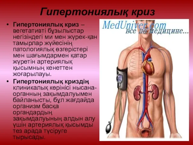 Гипертониялық криз Гипертониялық криз – вегетативті бұзылыстар негізіндегі ми мен жүрек-қан