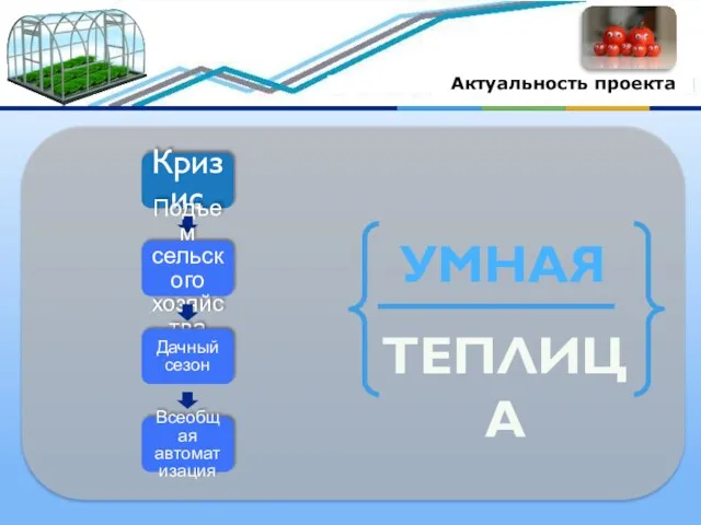 Кризис Подъем сельского хозяйства Дачный сезон Всеобщая автоматизация УМНАЯ ТЕПЛИЦА Актуальность проекта