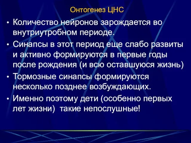 Онтогенез ЦНС Количество нейронов зарождается во внутриутробном периоде. Синапсы в этот