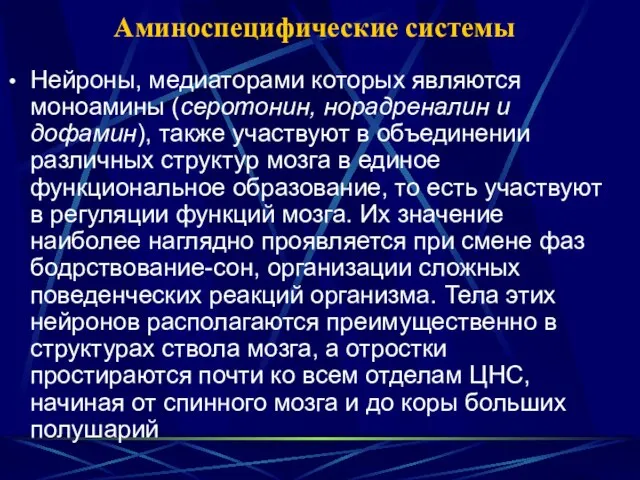 Аминоспецифические системы Нейроны, медиаторами которых являются моноамины (серотонин, норадреналин и дофамин),