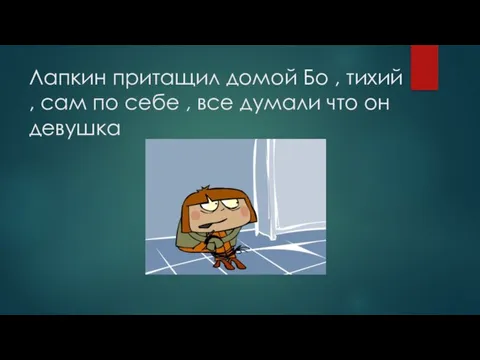 Лапкин притащил домой Бо , тихий , сам по себе , все думали что он девушка