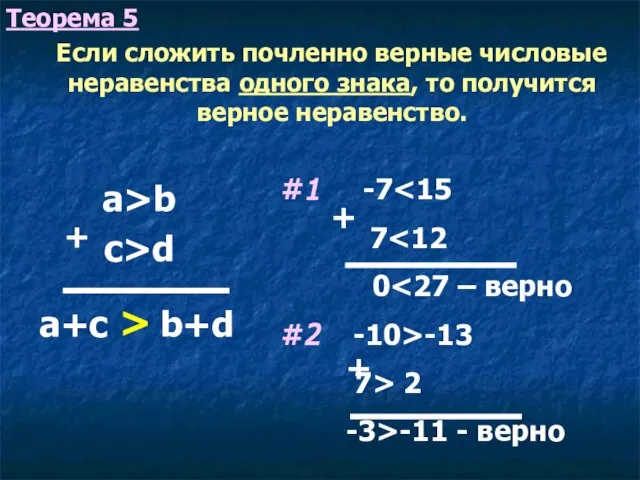 Теорема 5 Если сложить почленно верные числовые неравенства одного знака, то