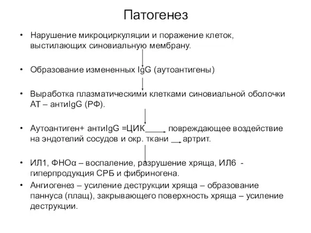 Патогенез Нарушение микроциркуляции и поражение клеток, выстилающих синовиальную мембрану. Образование измененных