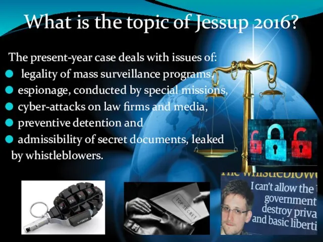 What is the topic of Jessup 2016? The present-year case deals