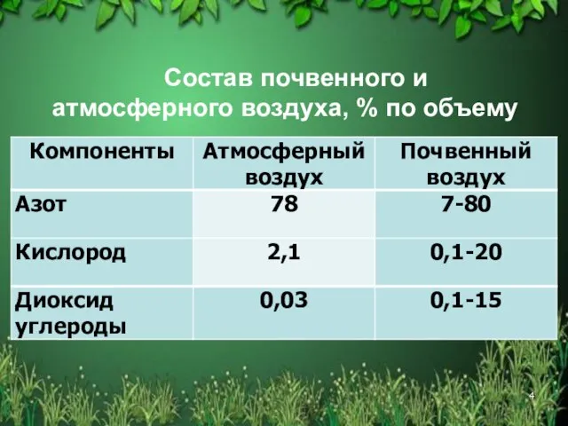Состав почвенного и атмосферного воздуха, % по объему