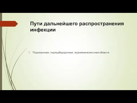 Пути дальнейшего распространения инфекции Подъязычная, подподбородочная, поднижнечелюстная области.