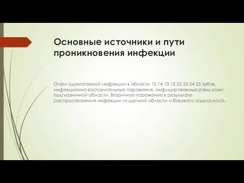 Основные источники и пути проникновения инфекции Очаги одонтогенной инфекции в области