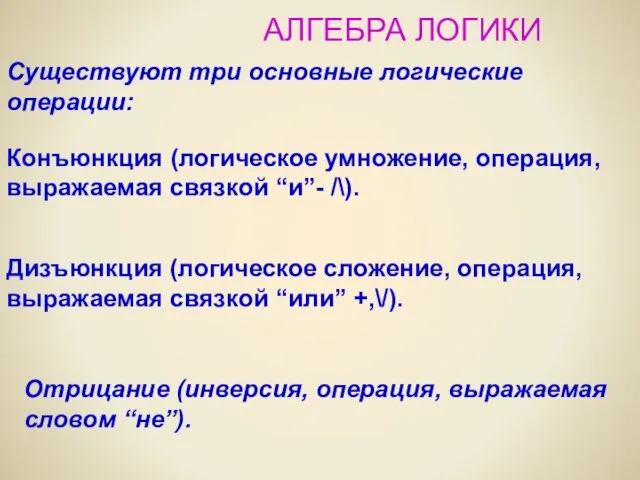 АЛГЕБРА ЛОГИКИ Существуют три основные логические операции: Отрицание (инверсия, операция, выражаемая