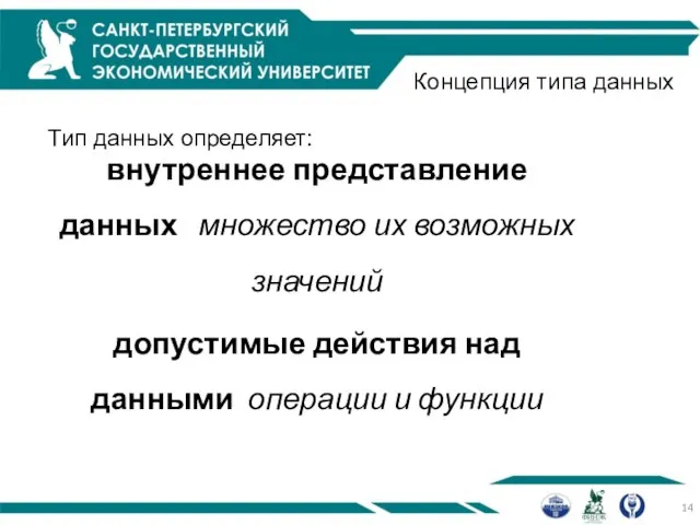 Концепция типа данных внутреннее представление данных множество их возможных значений допустимые