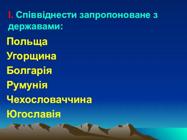 І. Співвіднести запропоноване з державами: Польща Угорщина Болгарія Румунія Чехословаччина Югославія