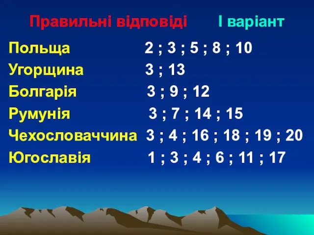 Правильні відповіді І варіант Польща 2 ; 3 ; 5 ;