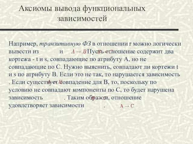 Например, транзитивную ФЗ в отношении r можно логически вывести из и