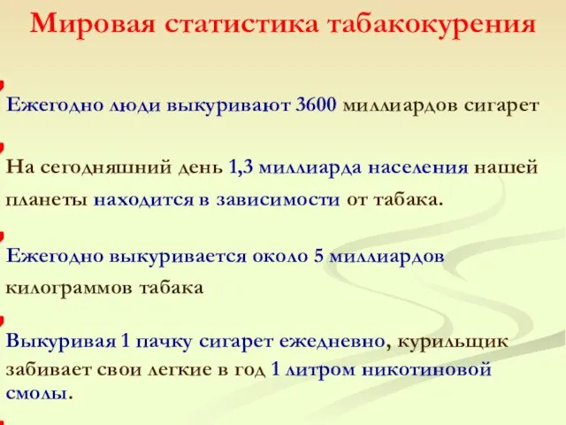 Ежегодно люди выкуривают 3600 миллиардов сигарет На сегодняшний день 1,3 миллиарда